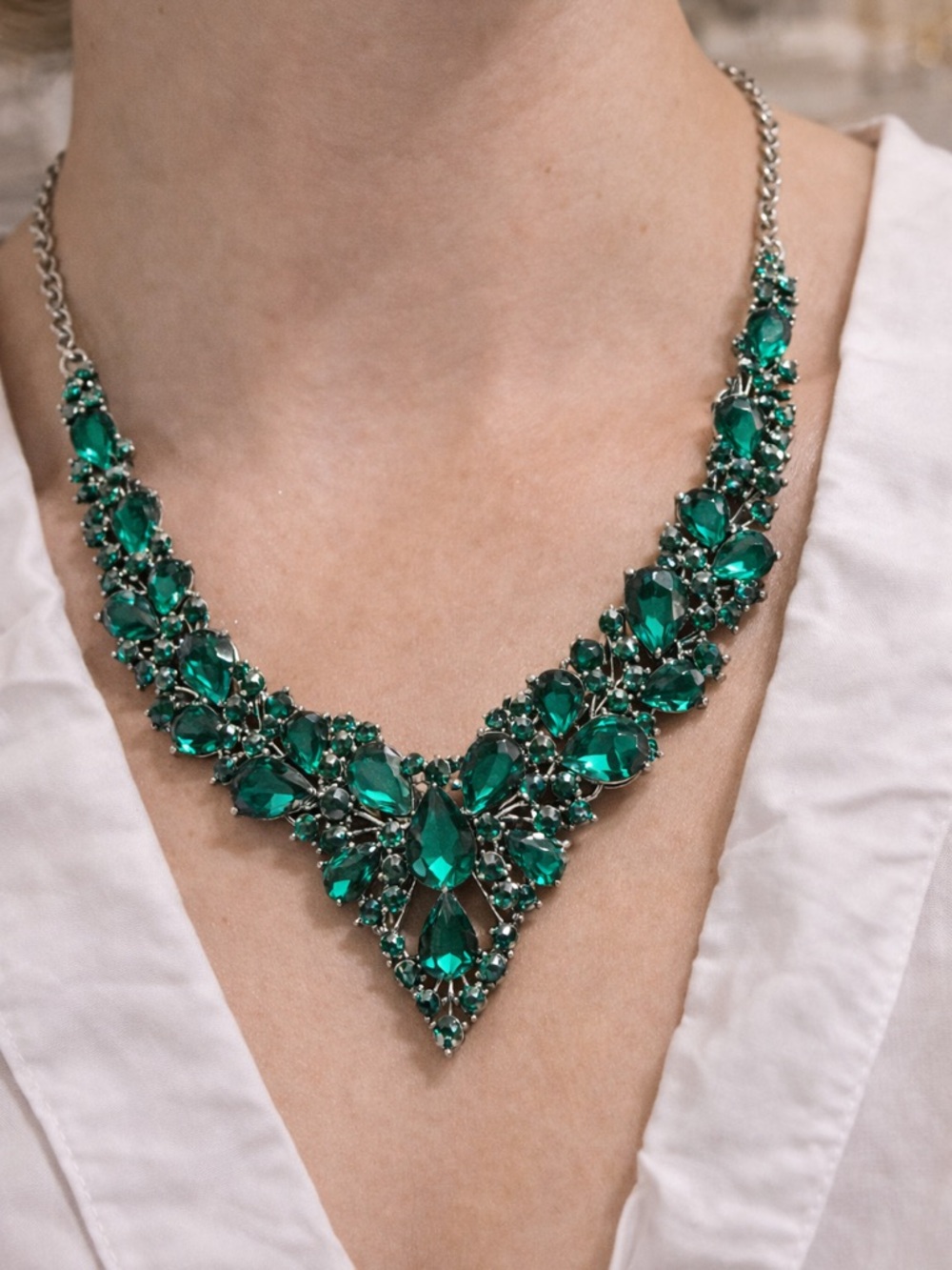 Emerald Teardrop Crystal Statement Necklace